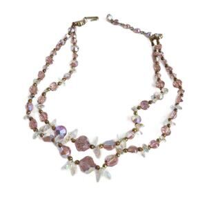 Vintage Pink Faceted Glass Beaded Necklace, Double Strand Aurora Borealis